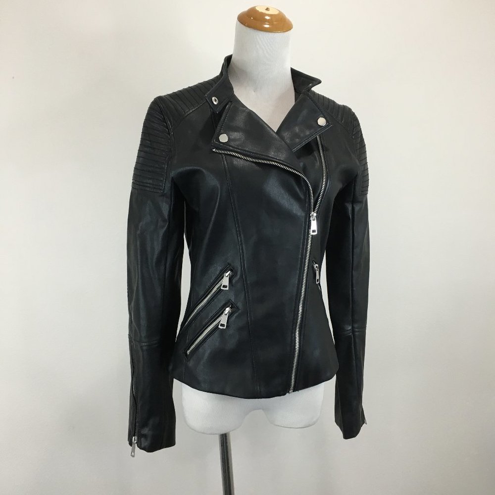 H&M Hennes Black Faux Leather Red Lining Zip Pockets & Sleeve Moto Jacket